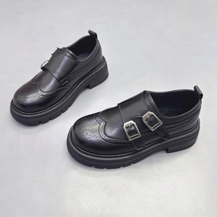 真皮女鞋2025冬新款布洛克雕花英伦风皮带扣加绒小皮鞋休闲乐福鞋