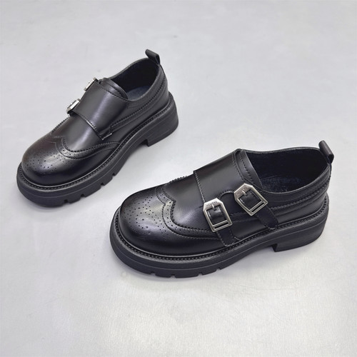 真皮圆头粗跟皮带扣加绒小皮鞋女