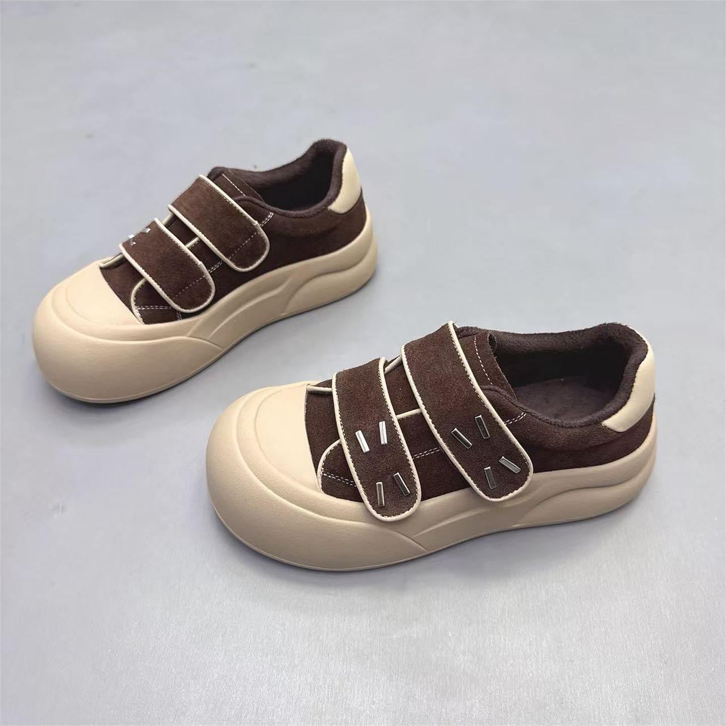 真皮女鞋韩版厚底加绒魔术贴板鞋