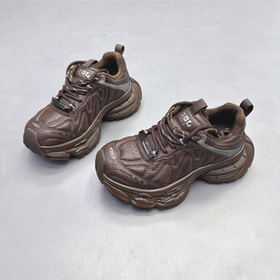 系带保暖运动鞋 2025冬新款 潮 复古小众加绒厚底皮面老爹鞋 真皮女鞋