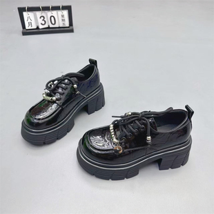 真皮女鞋2025秋季新款小个子增高7CM英伦风小皮鞋粗跟系带乐福鞋