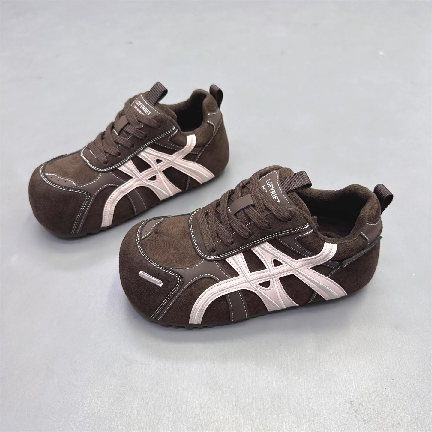 内增高拼色加绒圆头休闲德训鞋女