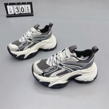 真皮女鞋2025秋季新款欧洲站小个子增高7CM巴黎老爹鞋网纱休闲鞋