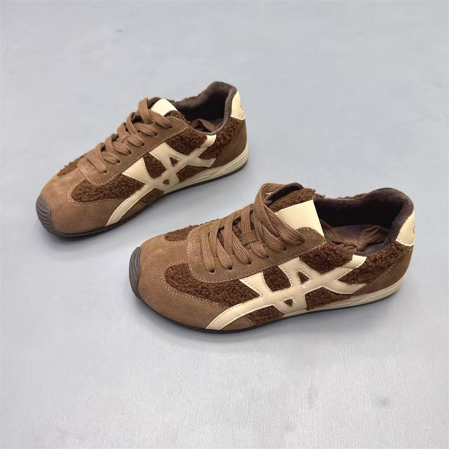 真皮女鞋圆头拼色加绒保暖德训鞋