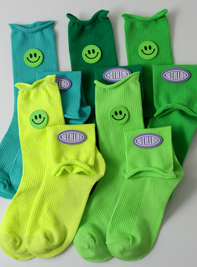 绿色袜子女荧光绿墨绿中筒纯棉春夏季薄款笑脸ins潮韩国卷边长袜