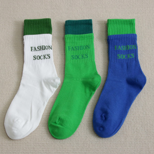 袜子女ins潮网红拼接双螺口绿色克莱因蓝字母中筒纯棉春秋长袜男