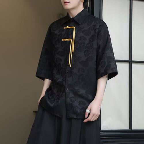 山本耀司衬衫男2024新款短袖衬衣新中式男装中国风汉服唐装五分袖