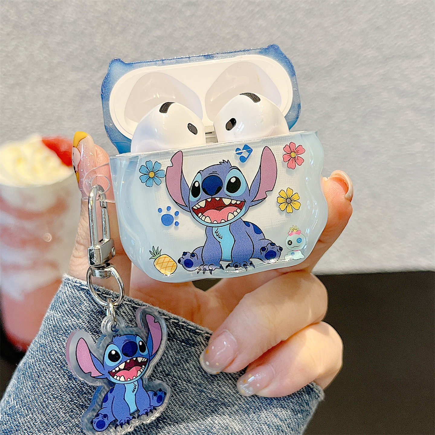 蓝色小怪兽史迪仔适用AirPods Pro 3代保护套苹果2代3代4代蓝牙耳机壳全包防摔airpods4带挂件分体式硅胶套