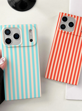 日韩撞色个性条纹方形iPhone16适用苹果17Promax手机壳15Pro创意13新款14男女17绿色16Promax橙色15硅胶套