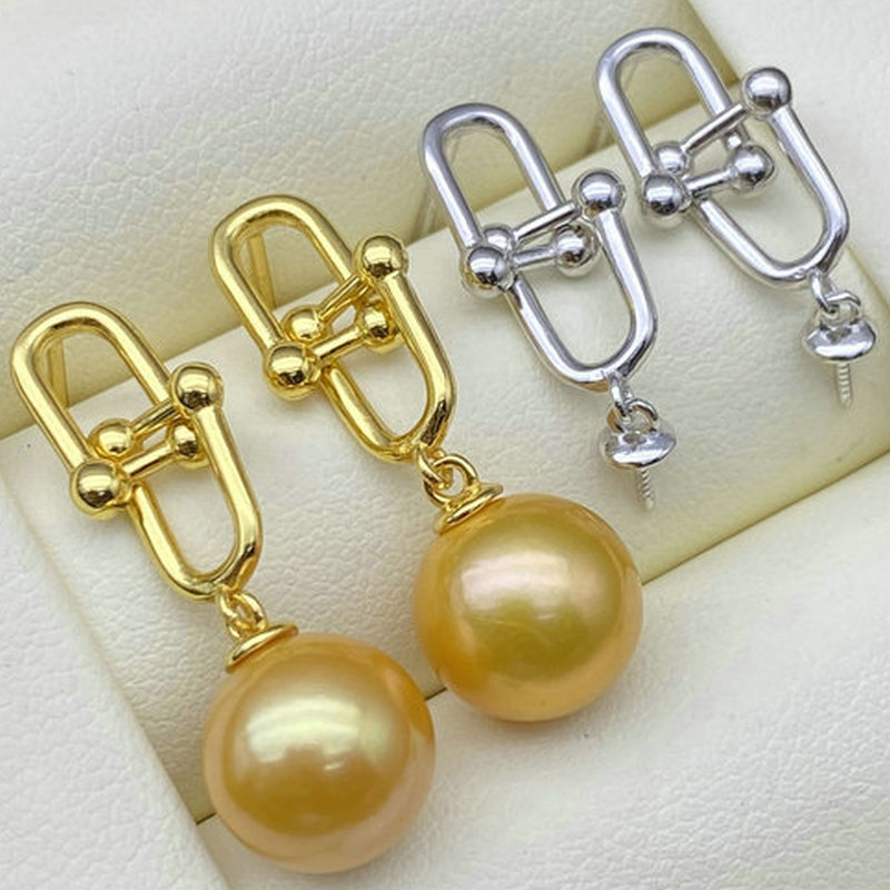 s925纯银耳钉珍珠耳托配件马蹄款