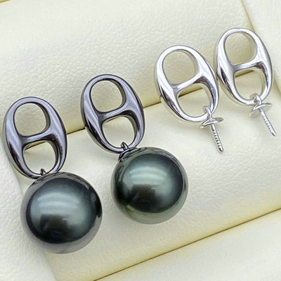 s925纯银耳钉珍珠空托猪鼻子