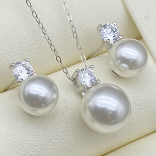 DIY配件S925纯银珍珠吊坠耳环套装空托戴妃坠子耳钉通体银百搭托