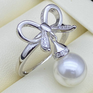 DIY配件s925纯银珍珠戒指托配饰活口调节指环蝴蝶结银戒通体银托