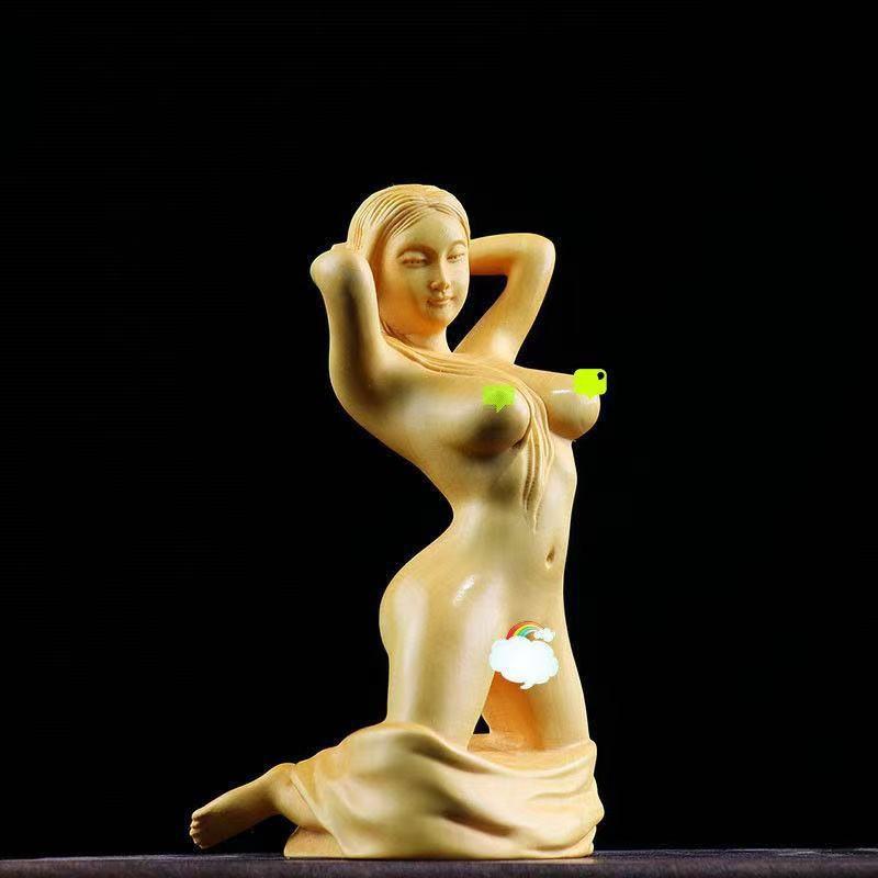 崖柏黄金檀黄杨木雕半跪裸美女摆件工艺品创意男士把玩人物手把件