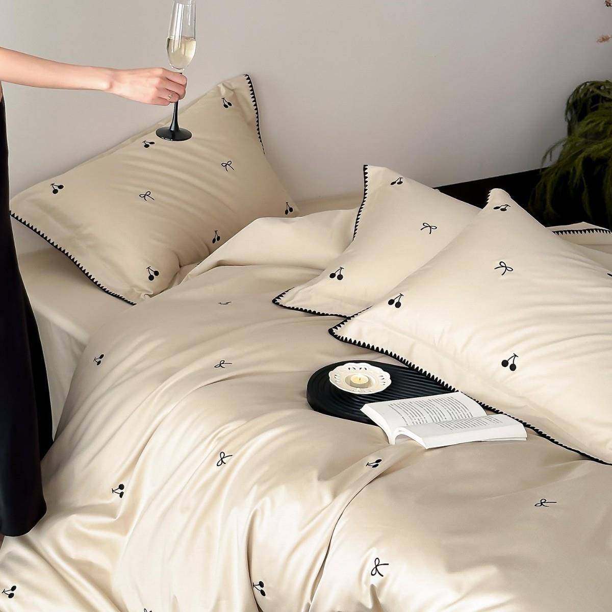 秋冬长绒棉磨毛四件套奶油风蝴蝶结刺绣纯色简约纯棉磨毛床单床笠