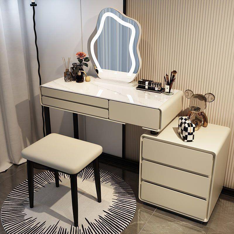 2025奶油风岩板实木梳妆台床头柜一体网红伸缩化妆台卧室现代简约