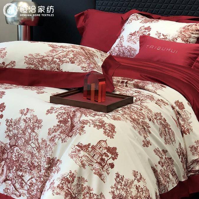 高端婚庆全棉长绒棉四件套数码印花轻奢风红色纯棉被套床上用品