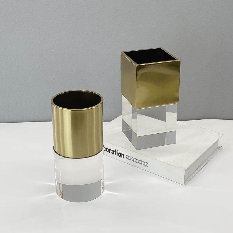 现代水晶花瓶几何金属花器客厅卧室花瓶摆件样板间设计师软装饰品