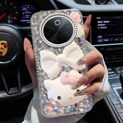 卡通KT猫镶钻适用vivoY500手机壳网红y73s春节Y200高级感x27外壳y93全包X27满钻Y50 5G防摔Y300水钻Y300+