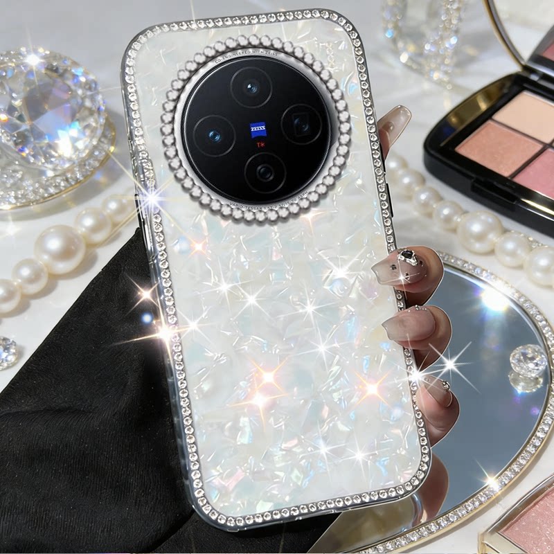 高级镶钻七彩贝壳适用vivoX300手机壳镶钻X60+全包X60新品10/2026年11防摔X80女款X100新款Y77 5G硅胶