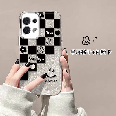 微笑格子闪粉透明壳适用OPPO RENO8PRO十+手机壳reon9新款7se高颜值6女5k新品4网红3全包2防摔z壳findx5男fx3