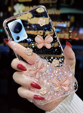 玫瑰蝴蝶透明滴胶适用小米Civi2手机壳小众11青春版防摔MIX4全包Ultra新款Note10 5G女款13Pro散热Civi高级感