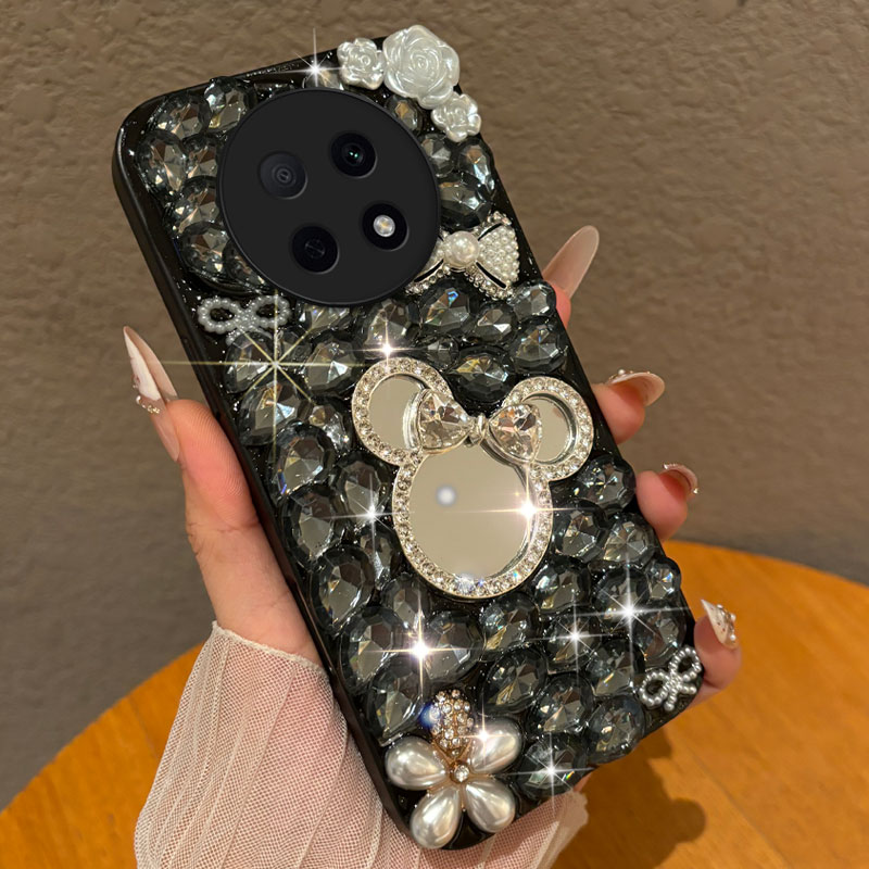 轻奢黑钻带镜子适用OPPOA5Pro手机壳网红A93S软壳A5/2026年A2防摔A95镶钻A72女款A1 新款a7满钻A6Plus冬天A5图片
