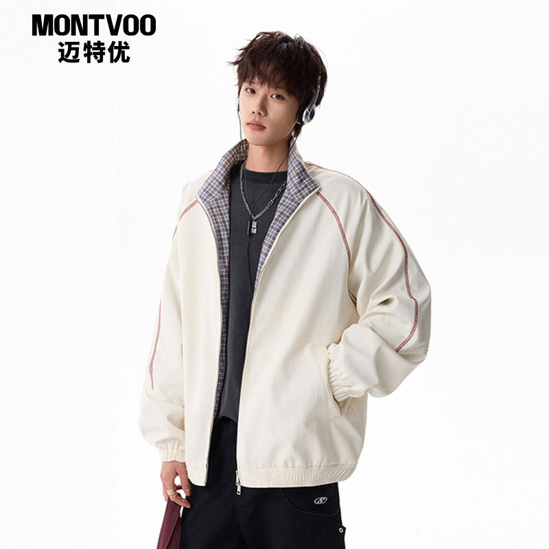 迈特优哈苏线开衫运动夹克男生春秋日系少年感格纹情侣棒球服外套