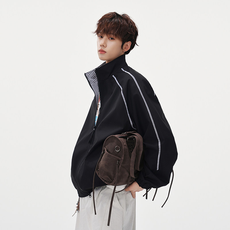 迈特优美式潮牌格子拼接立领夹克男女春季运动风明线设计宽松外套