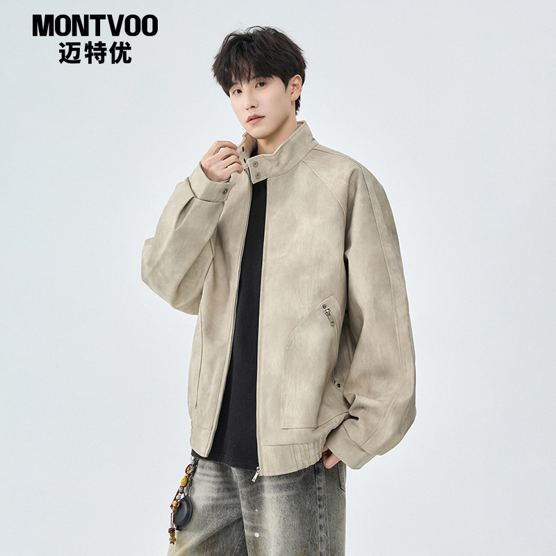 【复古潮牌】美式翻领PU皮外套男