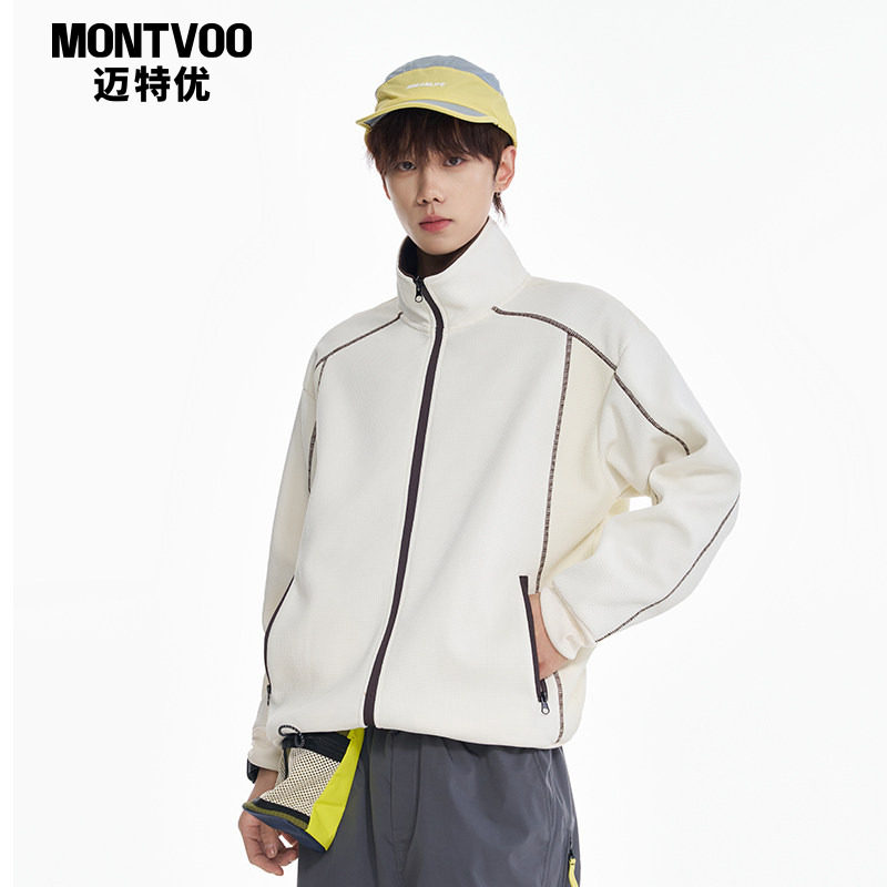 迈特优美式哈苏线开衫外套男女春秋季2026款立领情侣运动夹克上衣