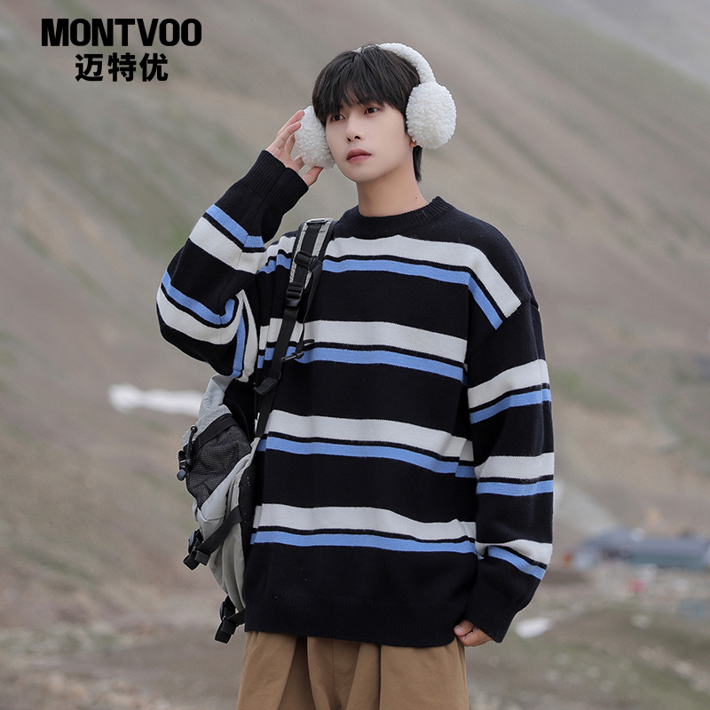 迈特优条纹圆领毛衣慵懒风
