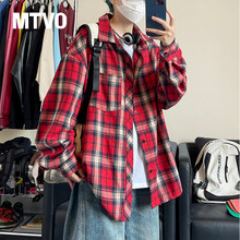 MTVO迈特优红色格子长袖衬衫男女夏季美式复古休闲衬衣情侣外套