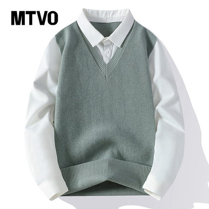 MTVO迈特优假两件衬衫领毛衣男春秋针织衫打底衫高级感毛线衣外套