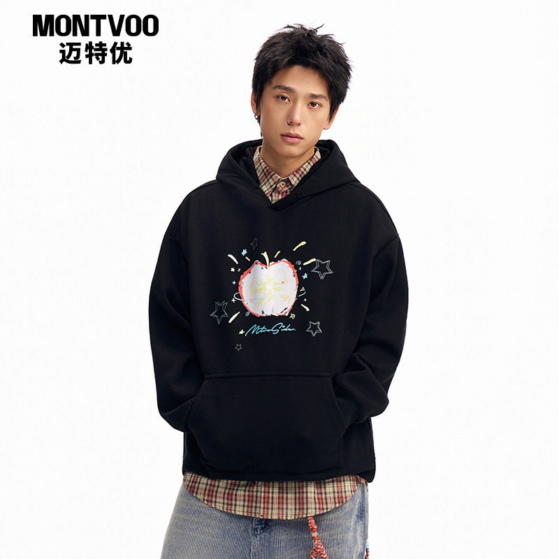 迈特优涂鸦圣诞款苹果加绒连帽卫衣男春秋季2026新款美式情侣上衣,男装,卫衣,淘宝优惠券,粉丝福利购,淘宝优惠卷