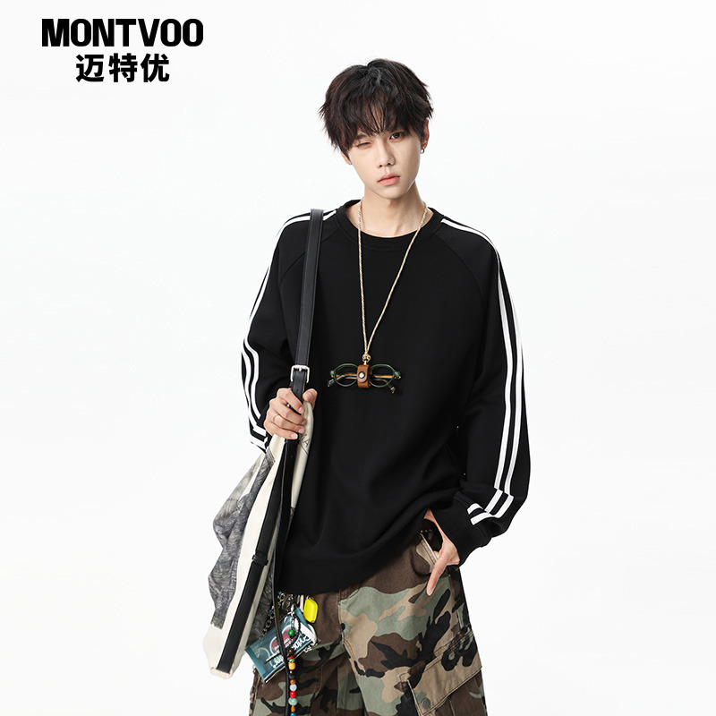 迈特优潮牌条纹圆领卫衣男秋冬美式高街宽松百搭运动情侣打底上衣