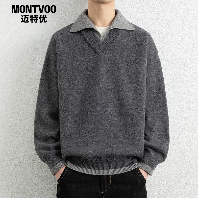 美式复古假两件V领针织衫外套男