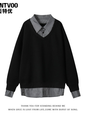 迈特优假两件衬衫领卫衣男生秋季复古老钱风撞色拼接情侣长袖内搭