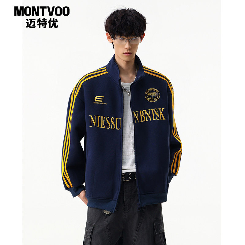 迈特优美式高街刺绣立领夹克男女春季条纹开衫卫衣宽松棒球服外套,男装,夹克,淘宝优惠券,粉丝福利购,淘宝优惠卷