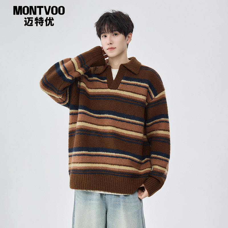 迈特优韩版学院风POLO领毛衣男秋冬美式复古重磅条纹撞色情侣外套