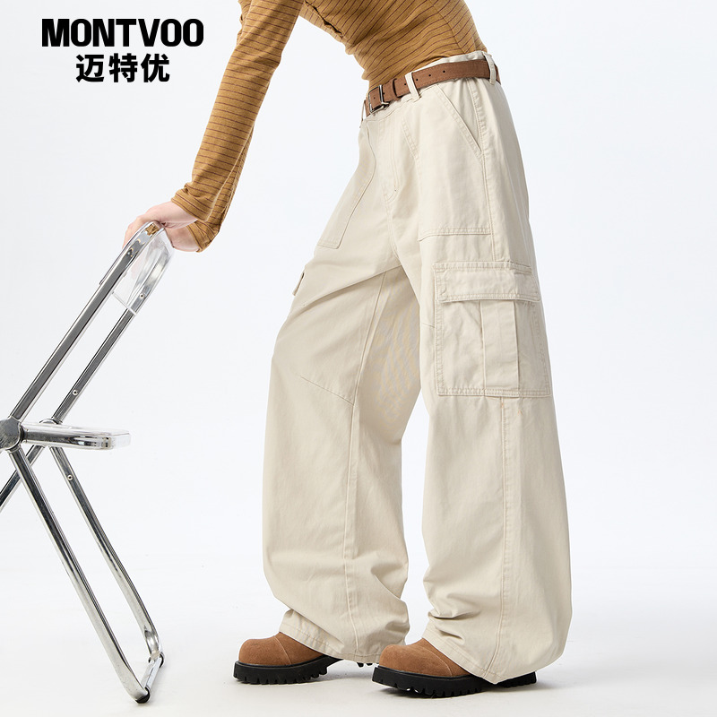 美式高街解构设计感阔腿弯刀裤子