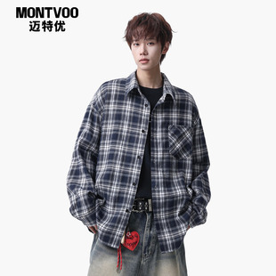 迈特优美式 男春秋高街潮牌学院风少年感衬衣情侣外套 复古格子衬衫