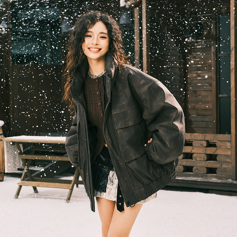 迈特优冬季新款高级感pu皮立领羽绒服男工装潮流情侣机车鸭绒外套