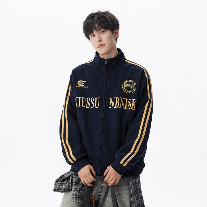 迈特优棒球服外套美式刺绣宽松立领运动夹克春季条纹开衫卫衣男女