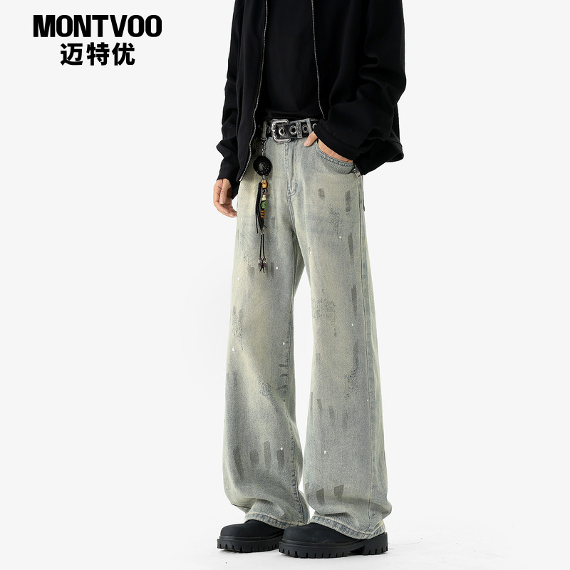 【美式复古水洗抓痕牛仔裤】男款