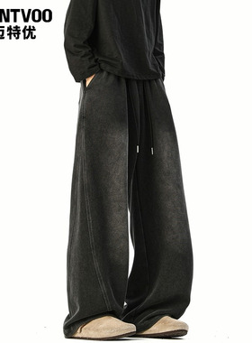 迈特优复古水洗bootcut牛仔裤男女宽松休闲阔腿直筒黑色休闲裤子