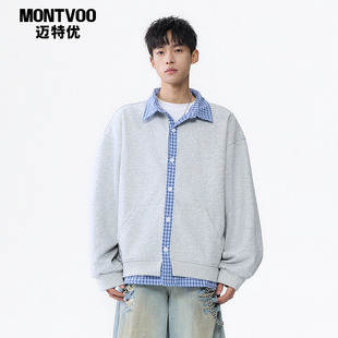 潮牌拼接翻领休闲外套情侣衫 迈特优美式 新款 卫衣男春季 假两件开衫