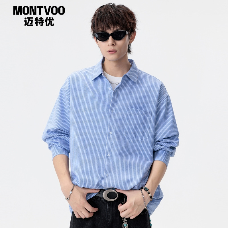迈特优条纹衬衫男春秋季新款潮牌慵懒牛津纺内搭打底衬衣长袖外套