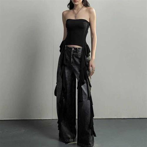 Lotus leaf edge one shoulder top for women荷叶边一字肩上衣女