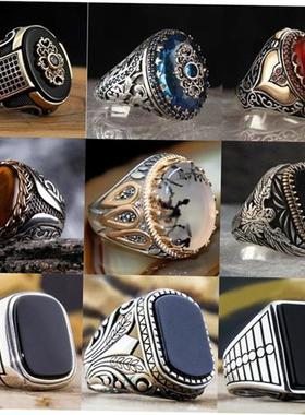 Retro Handmade Turkish Ring For Men Vintage Double Swords Bl